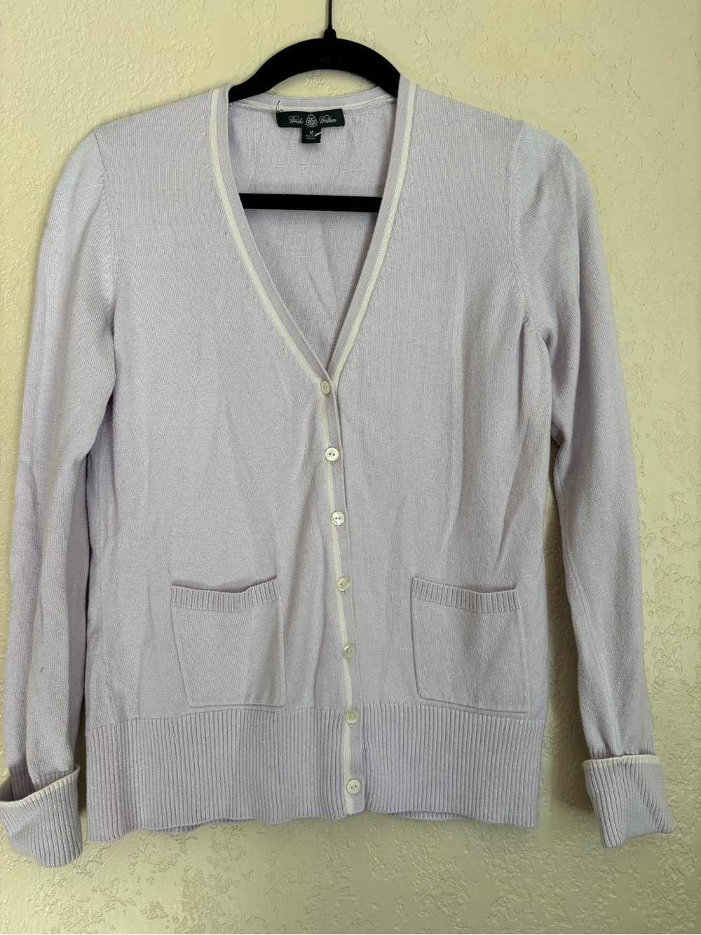 Brooks Brothers Lavender V-Neck Cardigan with Cream Trim